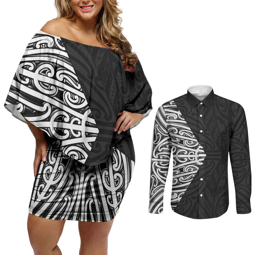 Black New Zealand Puhoro Maori Tattoo Couples Matching Off Shoulder Short Dress and Long Sleeve Button Shirt LT14 Black - Polynesian Pride