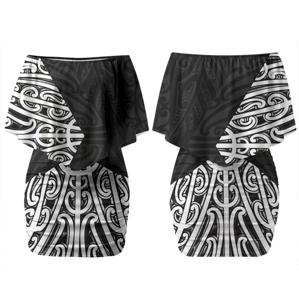 Black New Zealand Puhoro Maori Tattoo Couples Matching Off Shoulder Short Dress and Long Sleeve Button Shirt LT14 - Polynesian Pride