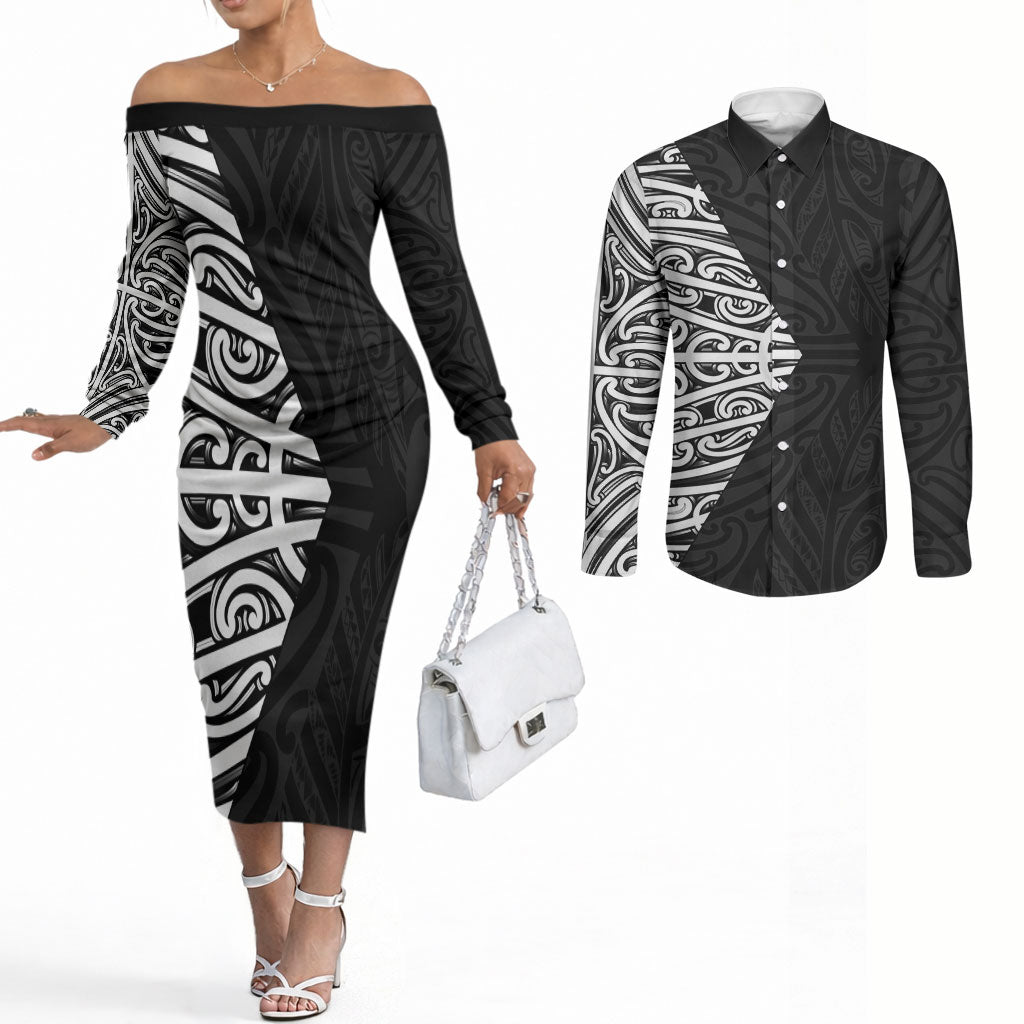 Black New Zealand Puhoro Maori Tattoo Couples Matching Off The Shoulder Long Sleeve Dress and Long Sleeve Button Shirt LT14 Black - Polynesian Pride