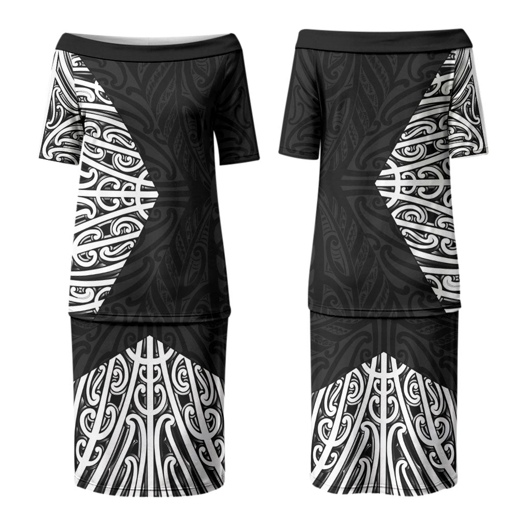 Black New Zealand Puhoro Maori Tattoo Couples Matching Puletasi and Long Sleeve Button Shirt LT14 - Polynesian Pride