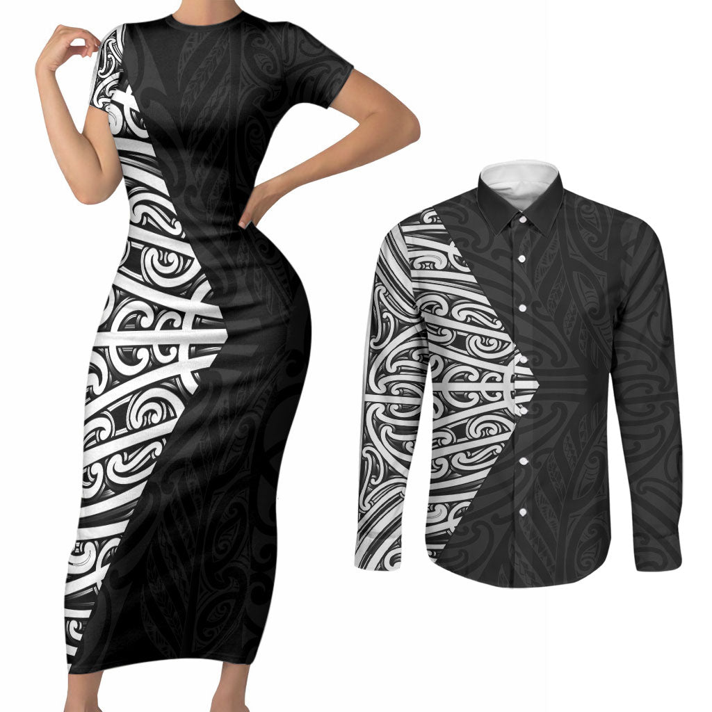 Black New Zealand Puhoro Maori Tattoo Couples Matching Short Sleeve Bodycon Dress and Long Sleeve Button Shirt LT14 Black - Polynesian Pride