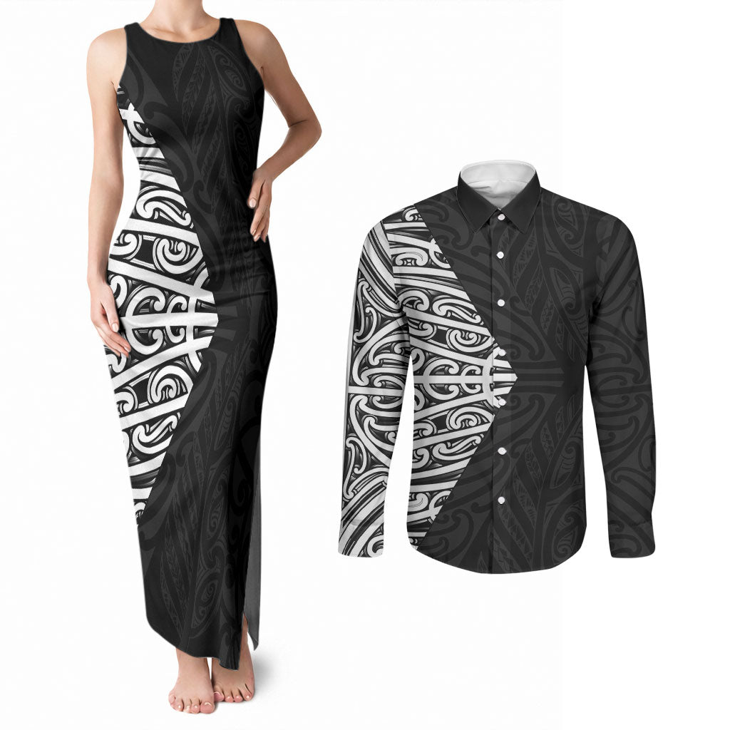 Black New Zealand Puhoro Maori Tattoo Couples Matching Tank Maxi Dress and Long Sleeve Button Shirt LT14 Black - Polynesian Pride