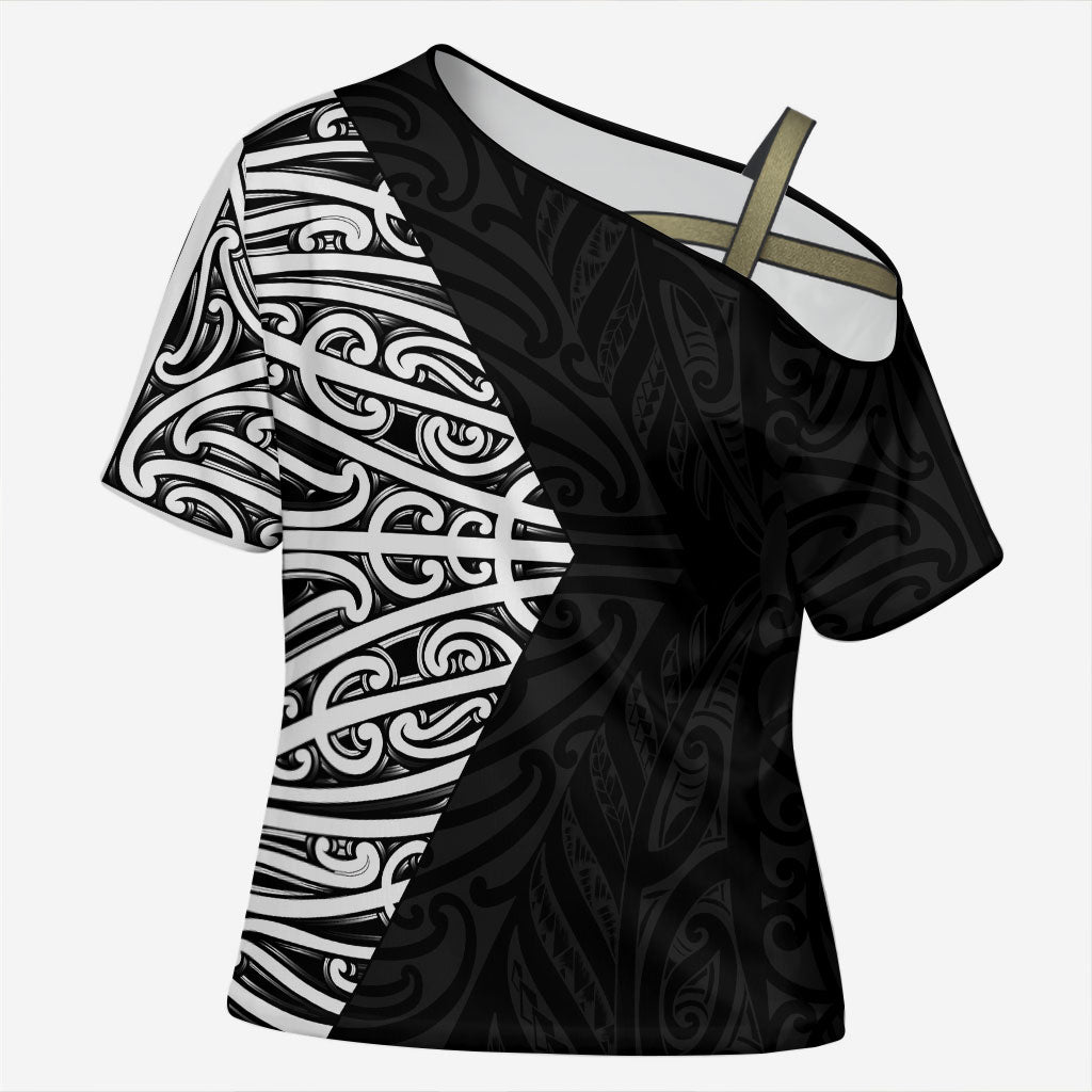 Black New Zealand Puhoro Maori Tattoo Cross Shoulder Shirt LT14 Female Black - Polynesian Pride