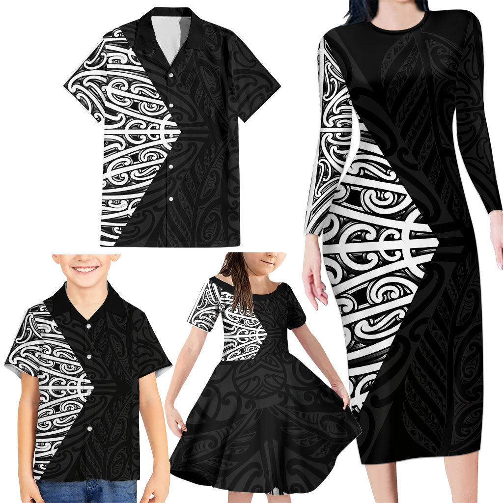 Black New Zealand Puhoro Maori Tattoo Family Matching Long Sleeve Bodycon Dress and Hawaiian Shirt
