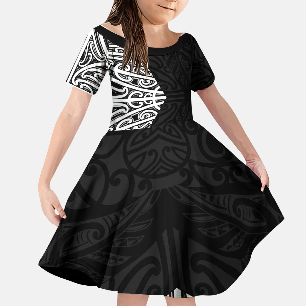 Black New Zealand Puhoro Maori Tattoo Family Matching Off The Shoulder Long Sleeve Dress and Hawaiian Shirt