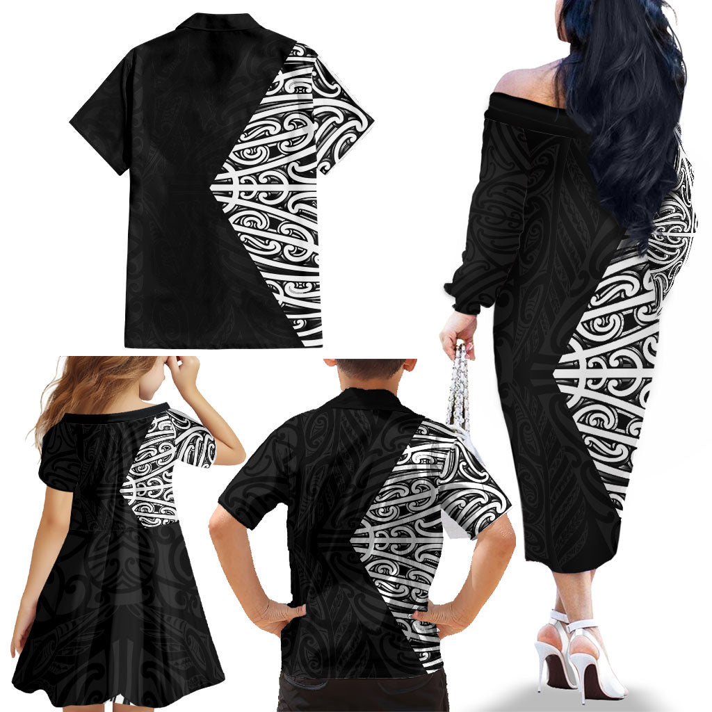 Black New Zealand Puhoro Maori Tattoo Family Matching Off The Shoulder Long Sleeve Dress and Hawaiian Shirt