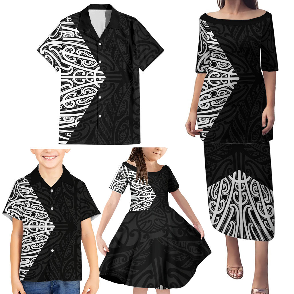 Black New Zealand Puhoro Maori Tattoo Family Matching Puletasi and Hawaiian Shirt