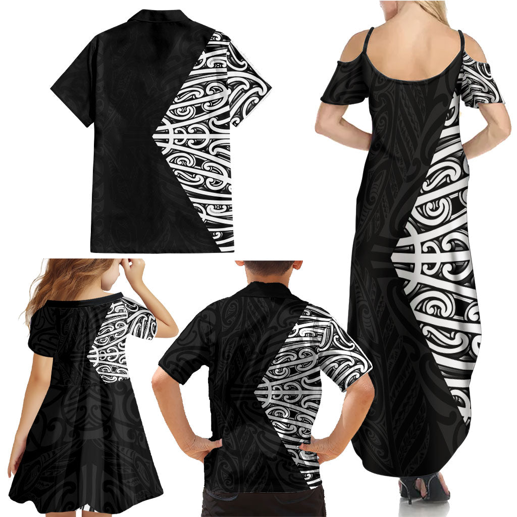 Black New Zealand Puhoro Maori Tattoo Family Matching Summer Maxi Dress and Hawaiian Shirt