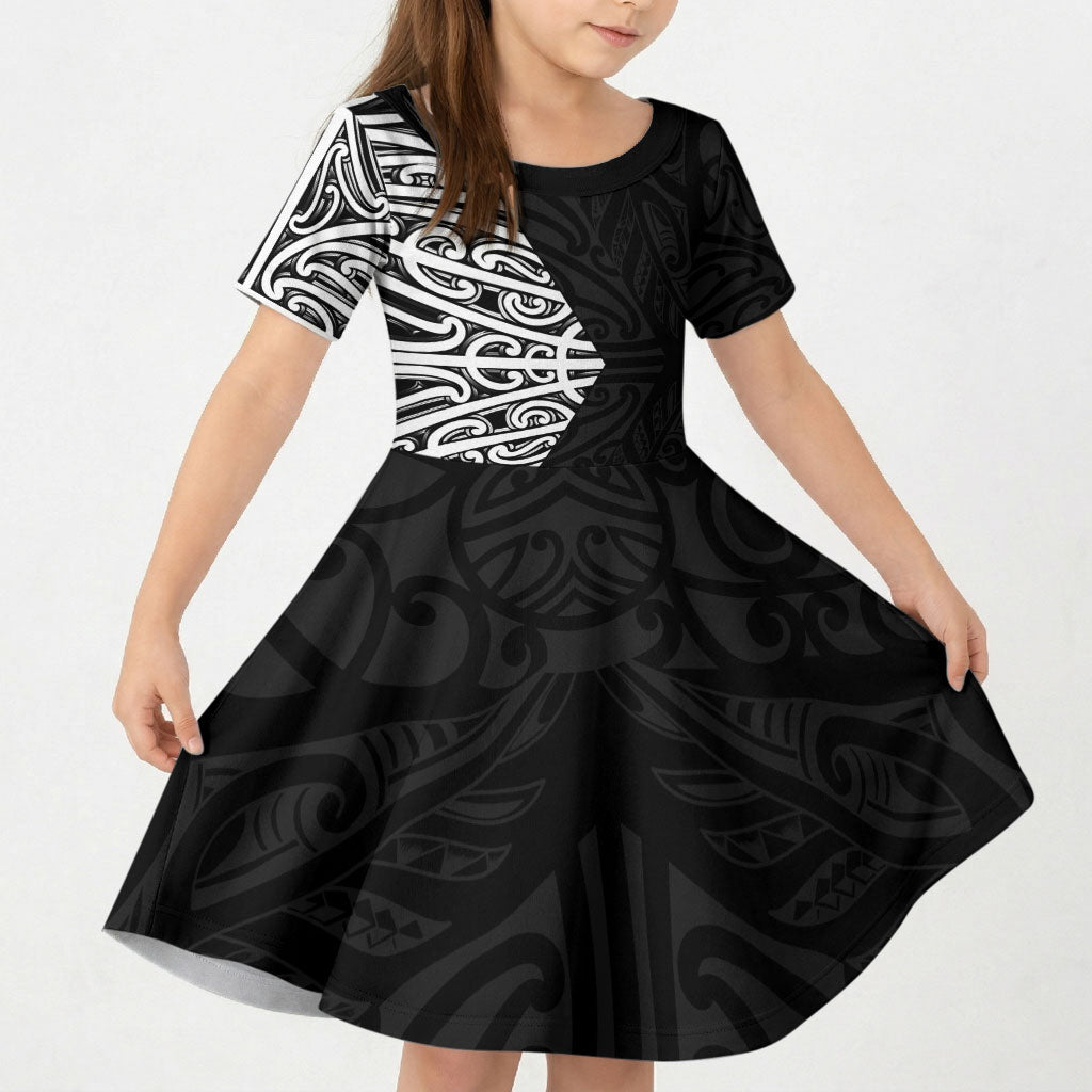 Black New Zealand Puhoro Maori Tattoo Kid Short Sleeve Dress LT14 KID Black - Polynesian Pride