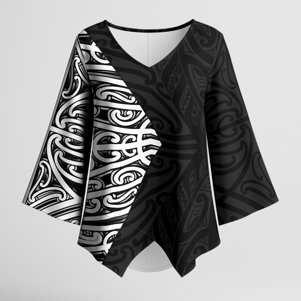 Black New Zealand Puhoro Maori Tattoo Kimono Sleeve Blouse LT14 Female Black - Polynesian Pride