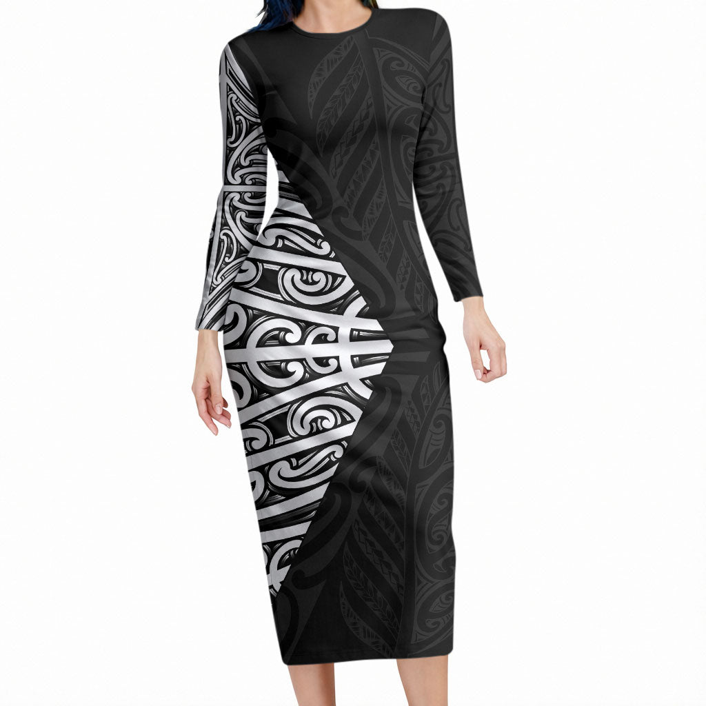 Black New Zealand Puhoro Maori Tattoo Long Sleeve Bodycon Dress LT14 Long Dress Black - Polynesian Pride