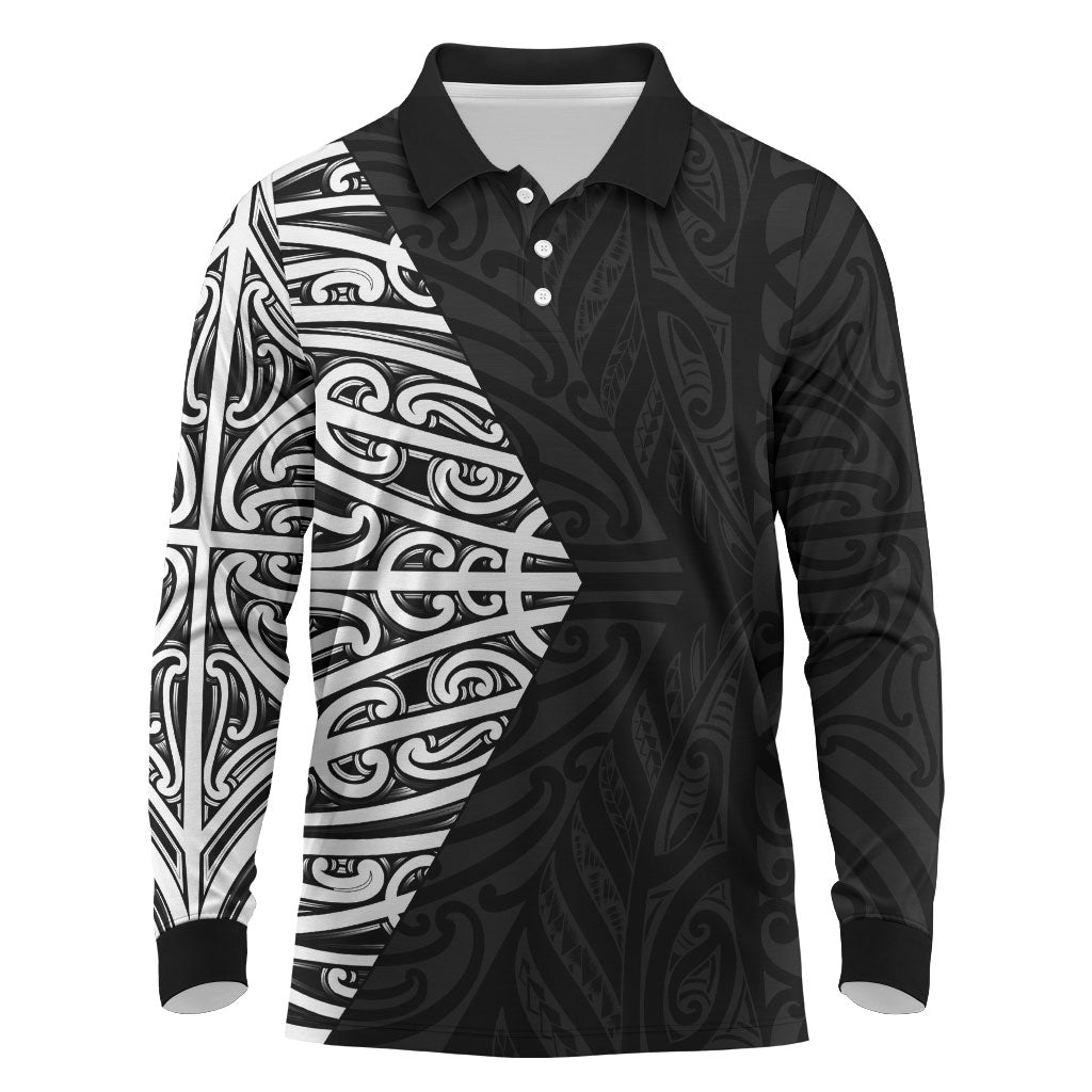 Black New Zealand Puhoro Maori Tattoo Long Sleeve Polo Shirt LT14 Black - Polynesian Pride