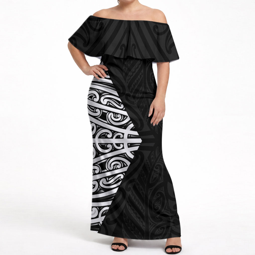Black New Zealand Puhoro Maori Tattoo Off Shoulder Maxi Dress LT14 Women Black - Polynesian Pride