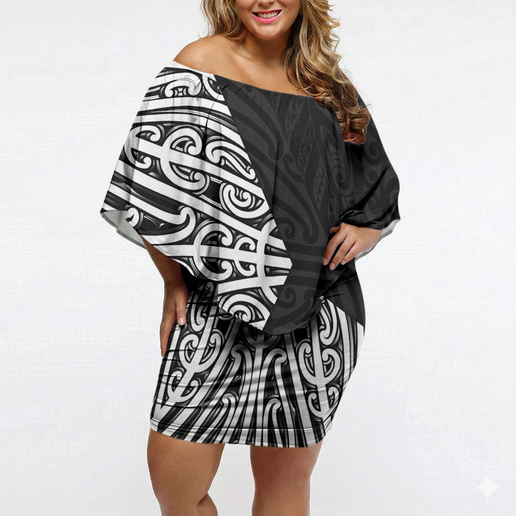 Black New Zealand Puhoro Maori Tattoo Off Shoulder Short Dress LT14 Women Black - Polynesian Pride