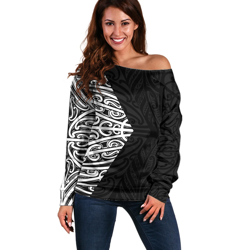 Black New Zealand Puhoro Maori Tattoo Off Shoulder Sweater LT14 Women Black - Polynesian Pride