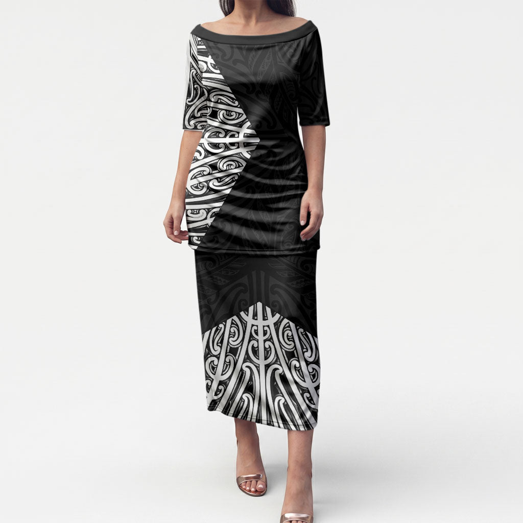 Black New Zealand Puhoro Maori Tattoo Puletasi LT14 Long Dress Black - Polynesian Pride