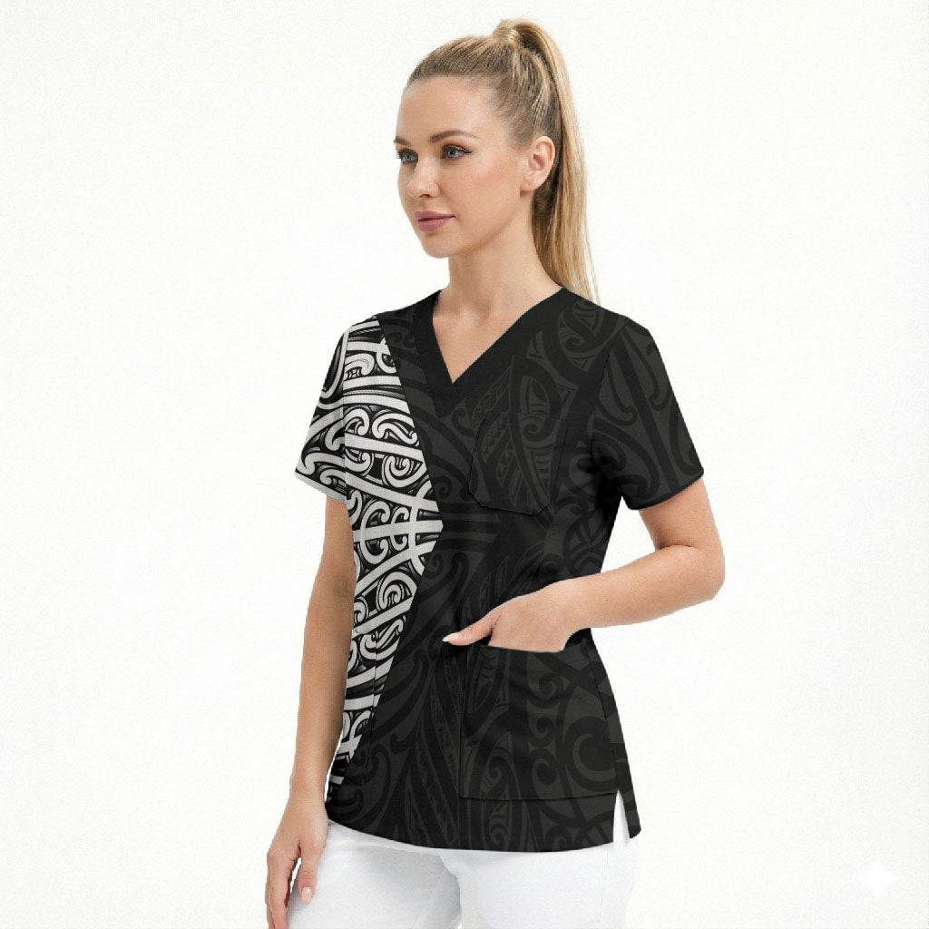 Black New Zealand Puhoro Maori Tattoo Scrub Top