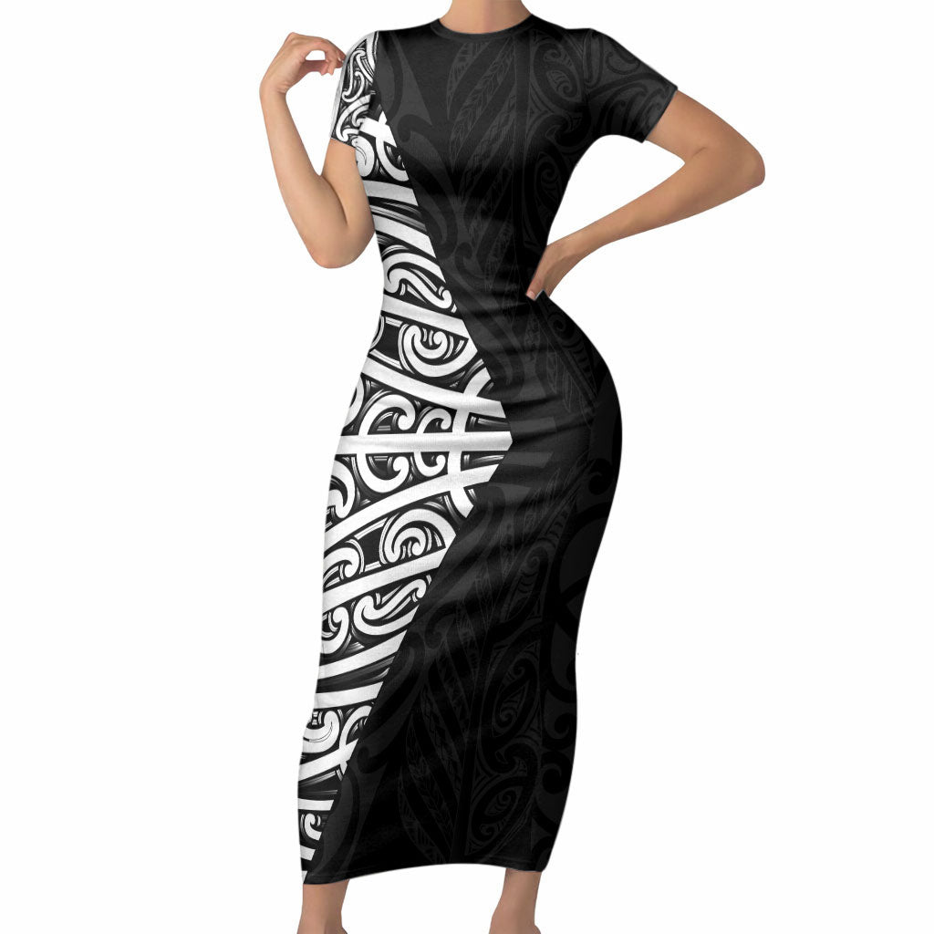 Black New Zealand Puhoro Maori Tattoo Short Sleeve Bodycon Dress LT14 Long Dress Black - Polynesian Pride