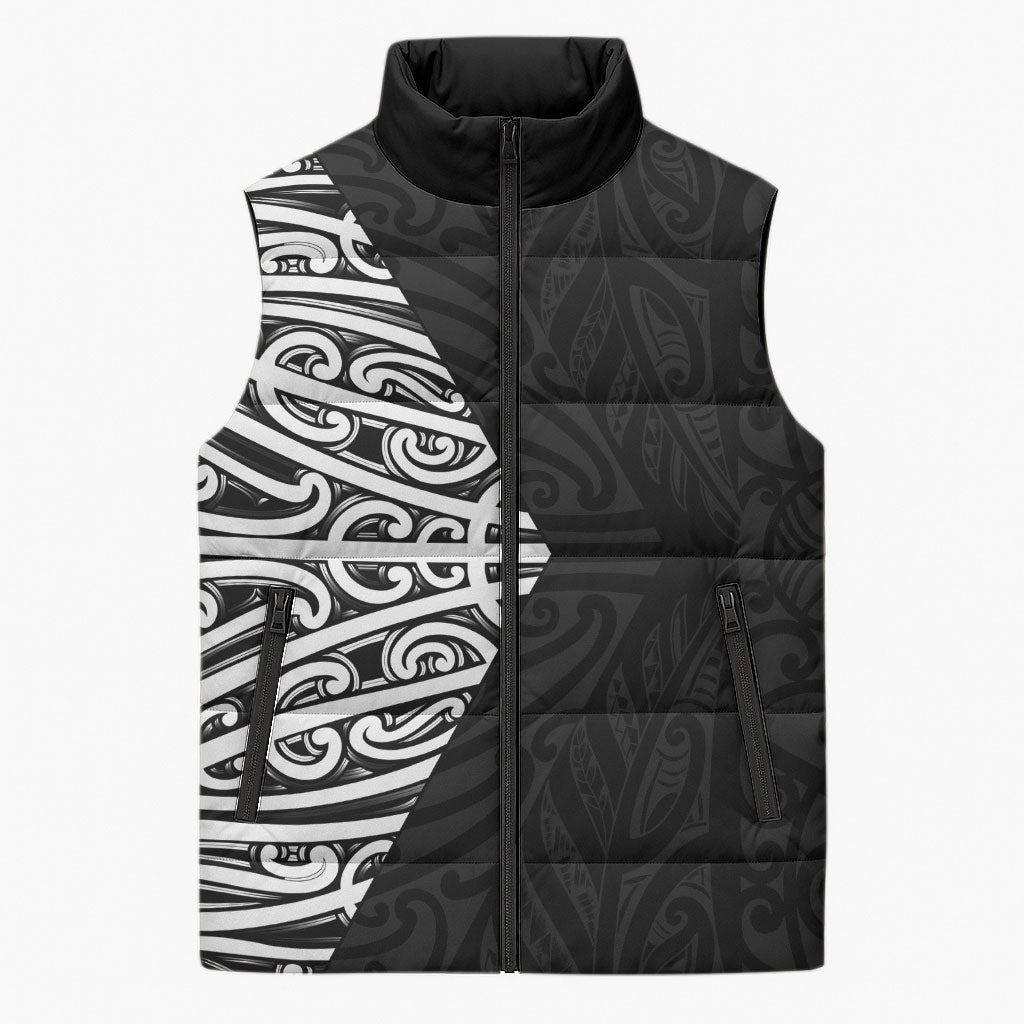 Black New Zealand Puhoro Maori Tattoo Sleeveless Puffer Jacket LT14 Unisex Black - Polynesian Pride