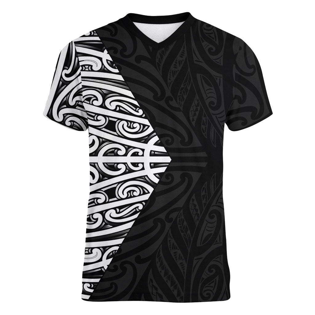 Black New Zealand Puhoro Maori Tattoo Women V-Neck T-Shirt LT14 Female Black - Polynesian Pride