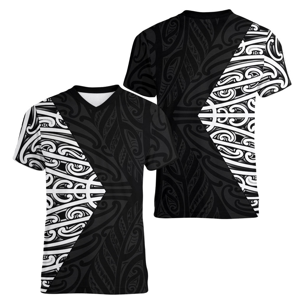 Black New Zealand Puhoro Maori Tattoo Women V-Neck T-Shirt