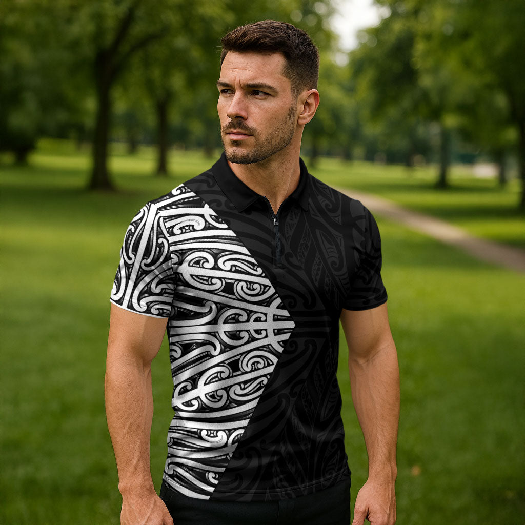 Black New Zealand Puhoro Maori Tattoo Zipper Polo Shirt