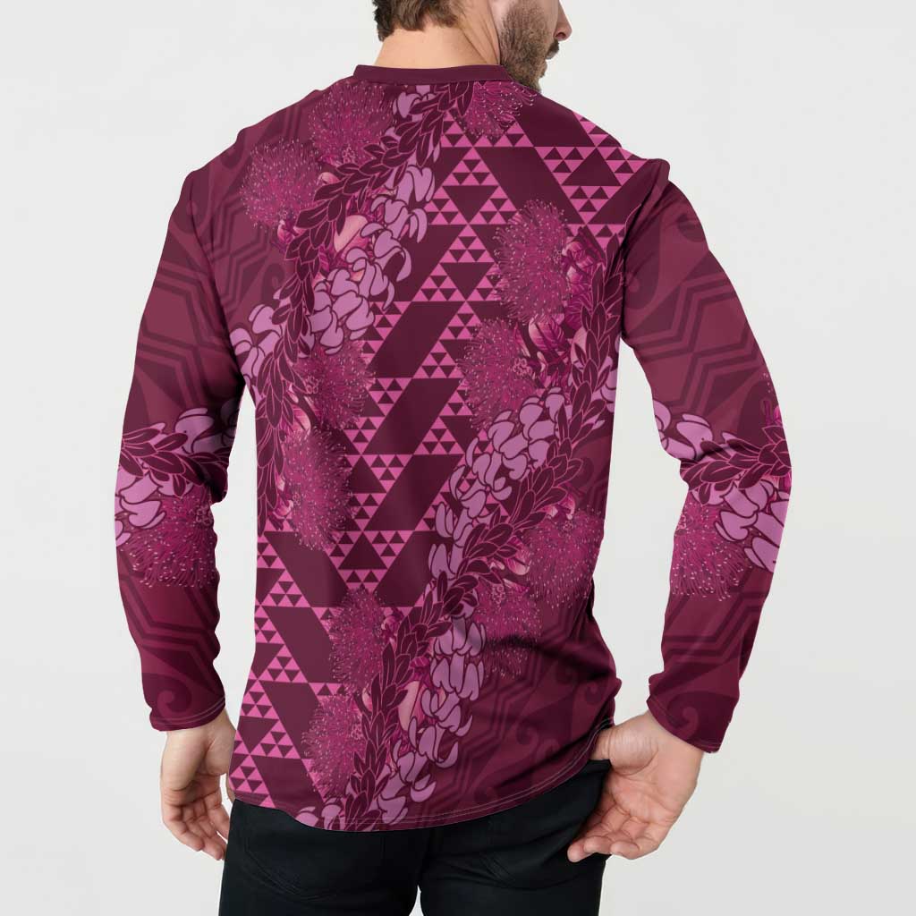 Pink Aloha Hawaii Button Sweatshirt Hawaiian Kakau Ohia Lehua Lei - Polynesian Pride