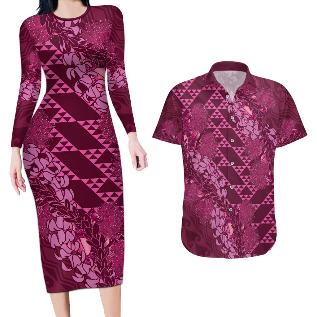 Pink Aloha Hawaii Couples Matching Long Sleeve Bodycon Dress and Hawaiian Shirt Hawaiian Kakau Ohia Lehua Lei - Polynesian Pride
