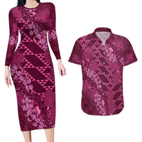 Pink Aloha Hawaii Couples Matching Long Sleeve Bodycon Dress and Hawaiian Shirt Hawaiian Kakau Ohia Lehua Lei LT14 Pink - Polynesian Pride