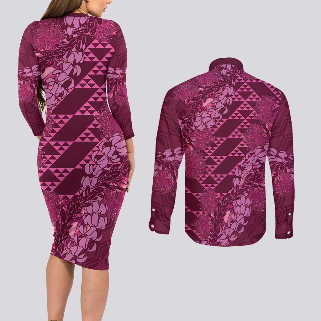 Pink Aloha Hawaii Couples Matching Long Sleeve Bodycon Dress and Long Sleeve Button Shirt Hawaiian Kakau Ohia Lehua Lei LT14 - Polynesian Pride