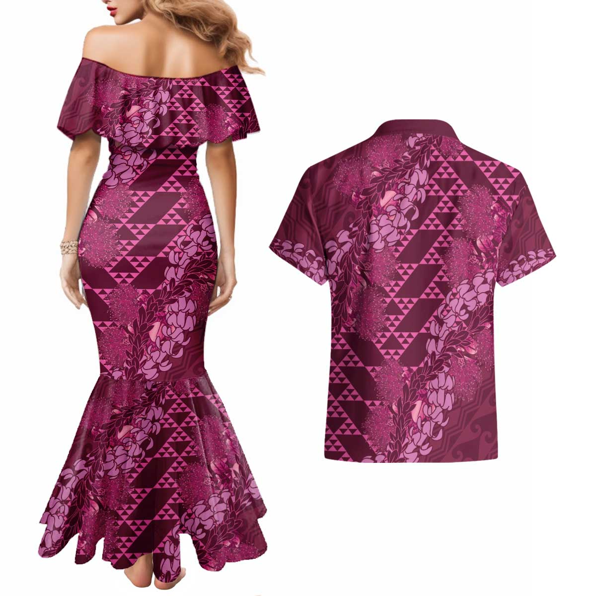 Pink Aloha Hawaii Couples Matching Mermaid Dress and Hawaiian Shirt Hawaiian Kakau Ohia Lehua Lei LT14 - Polynesian Pride