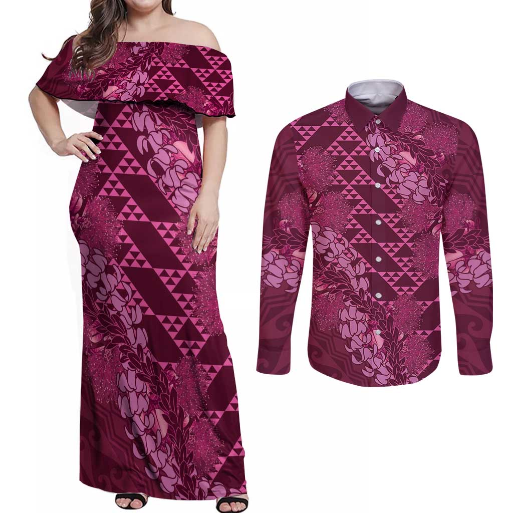 Pink Aloha Hawaii Couples Matching Off Shoulder Maxi Dress and Long Sleeve Button Shirt Hawaiian Kakau Ohia Lehua Lei LT14 Pink - Polynesian Pride