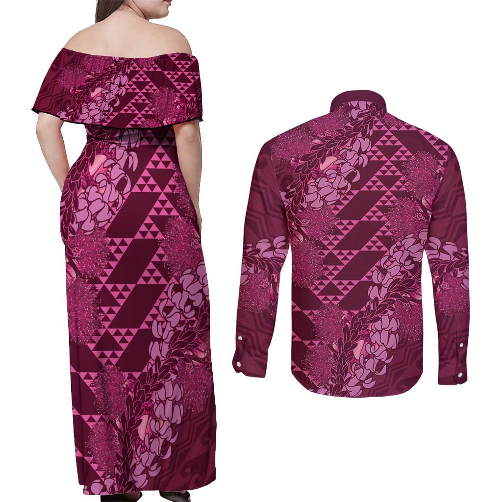Pink Aloha Hawaii Couples Matching Off Shoulder Maxi Dress and Long Sleeve Button Shirt Hawaiian Kakau Ohia Lehua Lei LT14 - Polynesian Pride