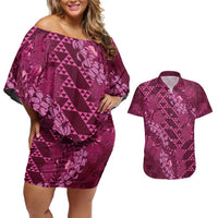 Pink Aloha Hawaii Couples Matching Off Shoulder Short Dress and Hawaiian Shirt Hawaiian Kakau Ohia Lehua Lei LT14 Pink - Polynesian Pride