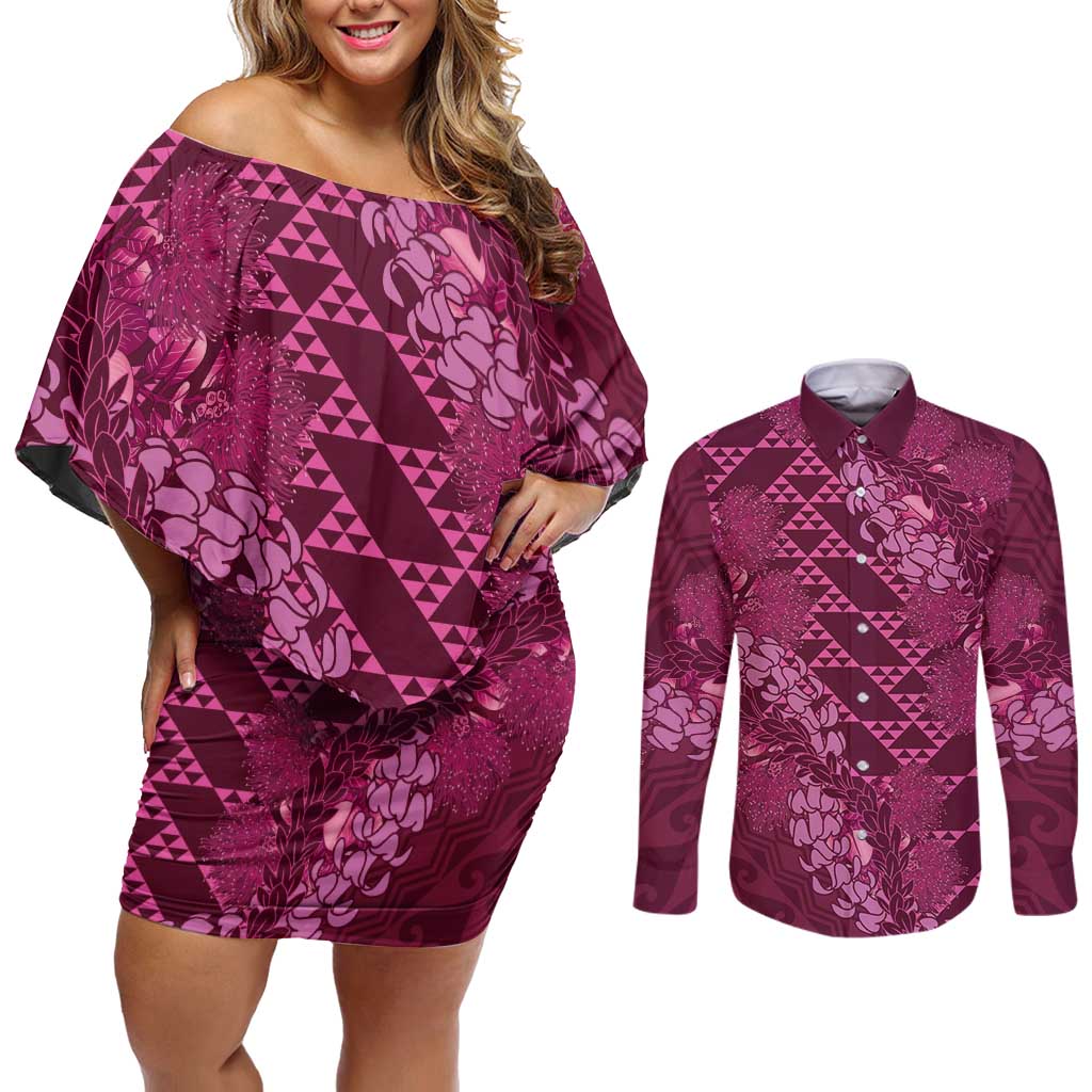 Pink Aloha Hawaii Couples Matching Off Shoulder Short Dress and Long Sleeve Button Shirt Hawaiian Kakau Ohia Lehua Lei LT14 Pink - Polynesian Pride