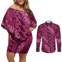 Pink Aloha Hawaii Couples Matching Off Shoulder Short Dress and Long Sleeve Button Shirt Hawaiian Kakau Ohia Lehua Lei LT14 Pink - Polynesian Pride