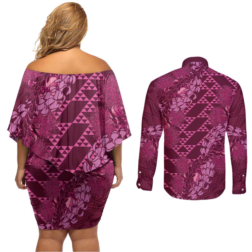 Pink Aloha Hawaii Couples Matching Off Shoulder Short Dress and Long Sleeve Button Shirt Hawaiian Kakau Ohia Lehua Lei LT14 - Polynesian Pride