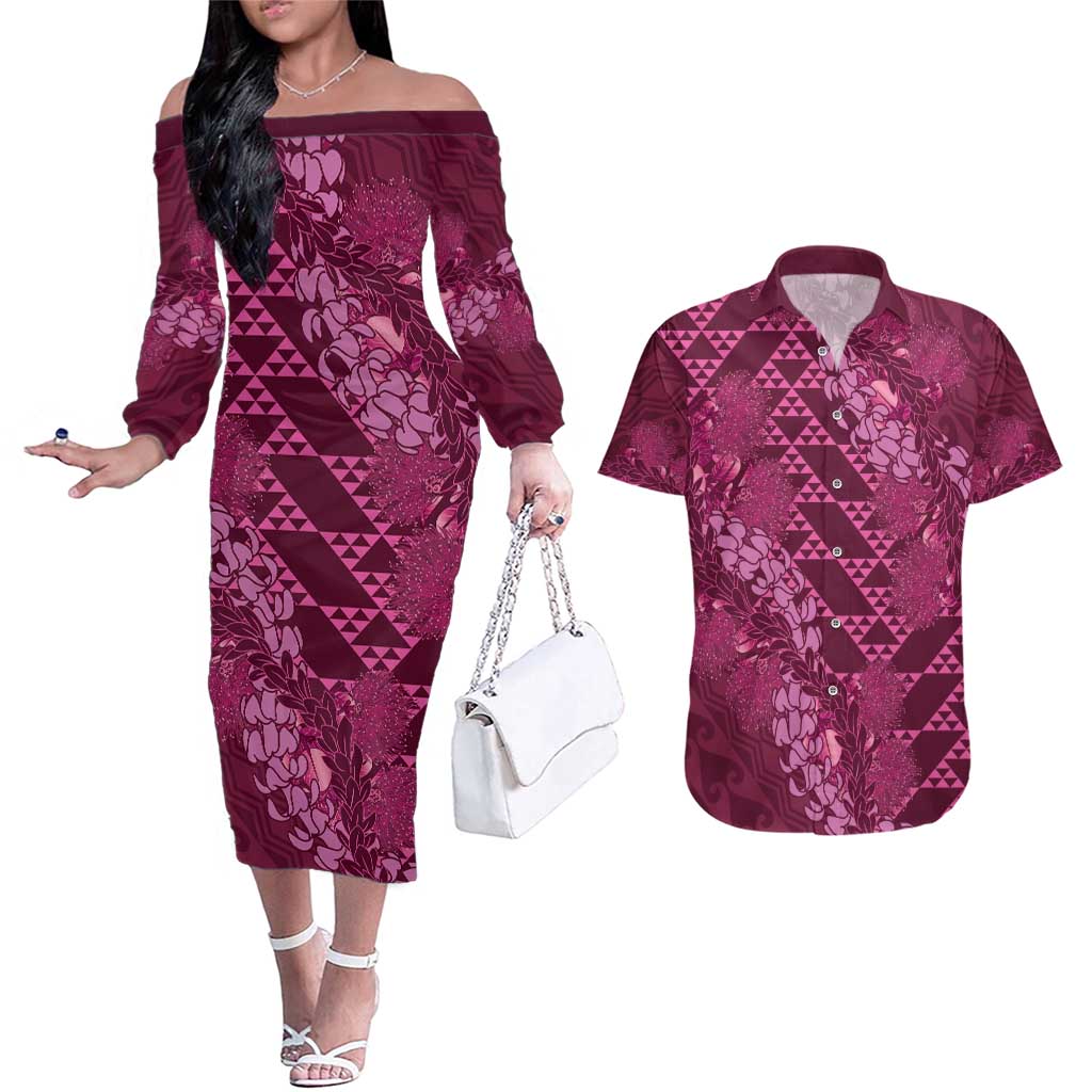 Pink Aloha Hawaii Couples Matching Off The Shoulder Long Sleeve Dress and Hawaiian Shirt Hawaiian Kakau Ohia Lehua Lei - Polynesian Pride