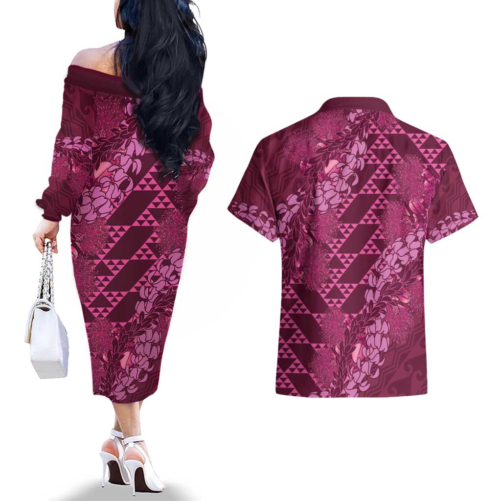 Pink Aloha Hawaii Couples Matching Off The Shoulder Long Sleeve Dress and Hawaiian Shirt Hawaiian Kakau Ohia Lehua Lei LT14 - Polynesian Pride