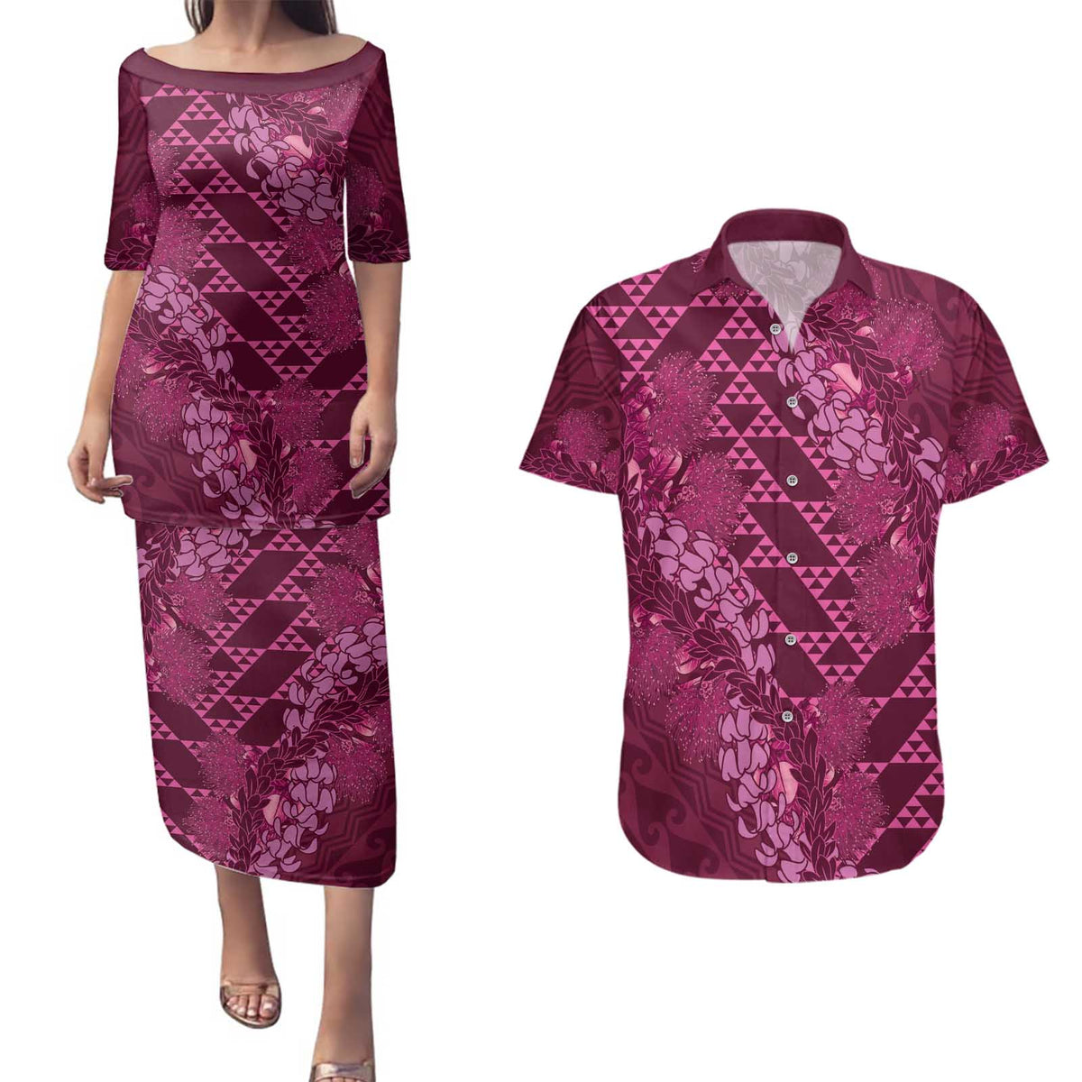 Pink Aloha Hawaii Couples Matching Puletasi and Hawaiian Shirt Hawaiian Kakau Ohia Lehua Lei LT14 Pink - Polynesian Pride