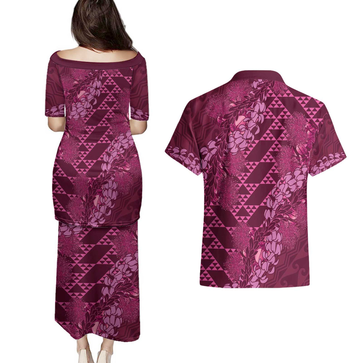 Pink Aloha Hawaii Couples Matching Puletasi and Hawaiian Shirt Hawaiian Kakau Ohia Lehua Lei LT14 - Polynesian Pride