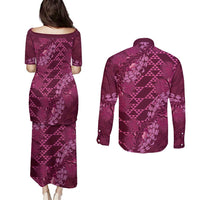 Pink Aloha Hawaii Couples Matching Puletasi and Long Sleeve Button Shirt Hawaiian Kakau Ohia Lehua Lei LT14 - Polynesian Pride