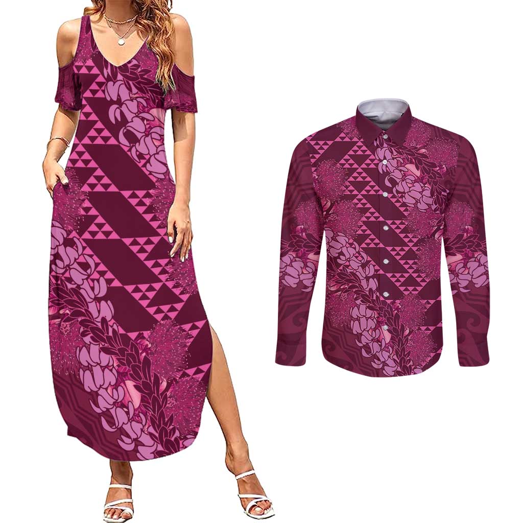 Pink Aloha Hawaii Couples Matching Summer Maxi Dress and Long Sleeve Button Shirt Hawaiian Kakau Ohia Lehua Lei LT14 Pink - Polynesian Pride
