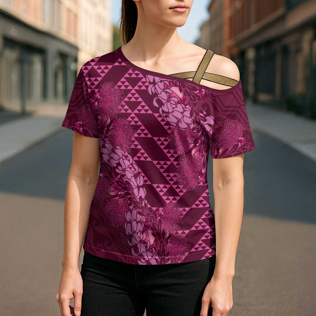 Pink Aloha Hawaii Cross Shoulder Shirt Hawaiian Kakau Ohia Lehua Lei - Polynesian Pride