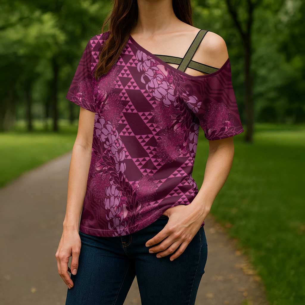 Pink Aloha Hawaii Cross Shoulder Shirt Hawaiian Kakau Ohia Lehua Lei - Polynesian Pride