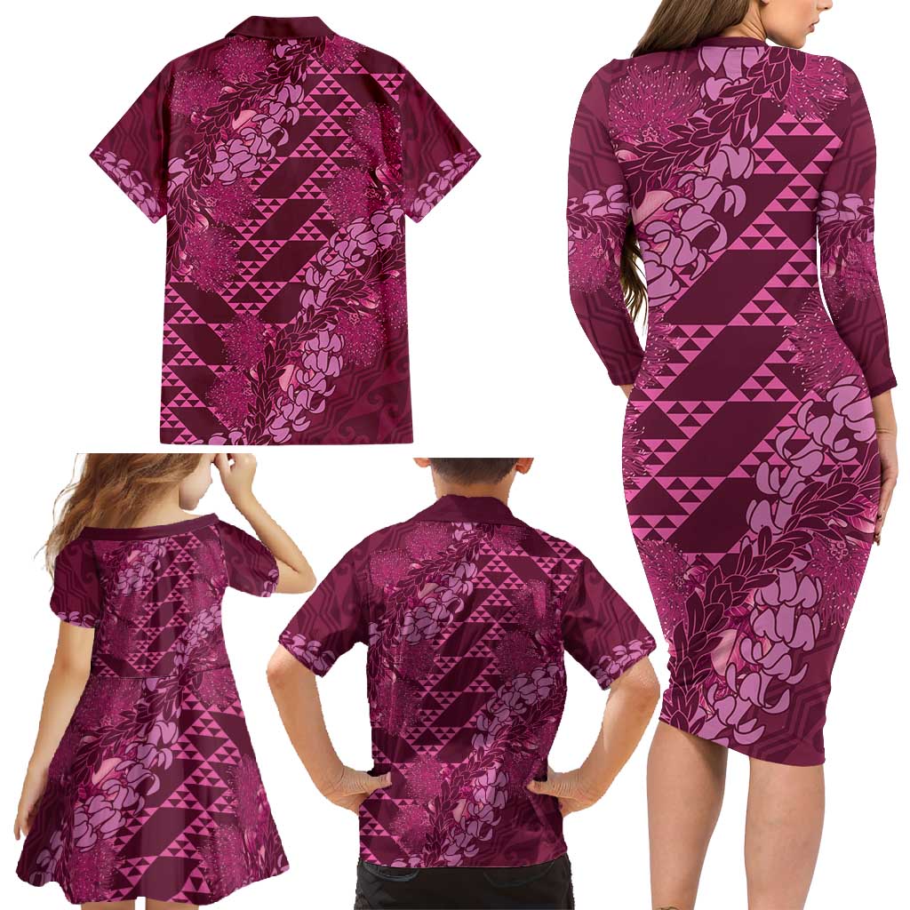 Pink Aloha Hawaii Family Matching Long Sleeve Bodycon Dress and Hawaiian Shirt Hawaiian Kakau Ohia Lehua Lei LT14 - Polynesian Pride