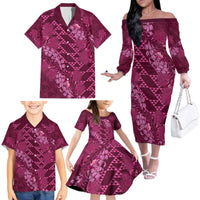 Pink Aloha Hawaii Family Matching Off The Shoulder Long Sleeve Dress and Hawaiian Shirt Hawaiian Kakau Ohia Lehua Lei LT14 - Polynesian Pride