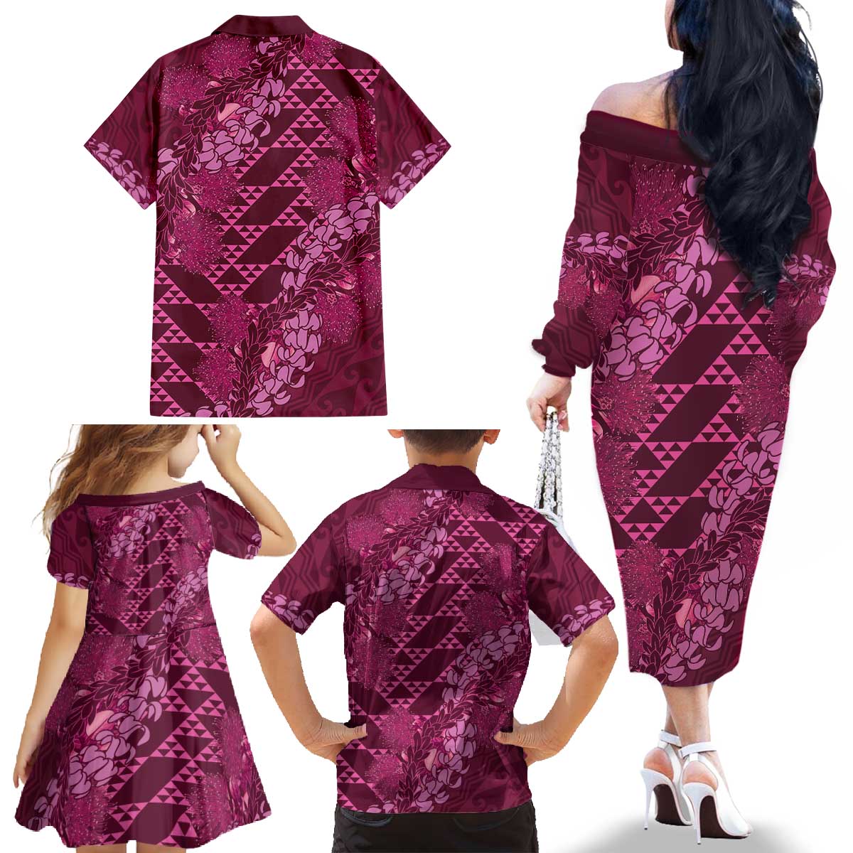 Pink Aloha Hawaii Family Matching Off The Shoulder Long Sleeve Dress and Hawaiian Shirt Hawaiian Kakau Ohia Lehua Lei LT14 - Polynesian Pride
