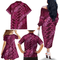 Pink Aloha Hawaii Family Matching Off The Shoulder Long Sleeve Dress and Hawaiian Shirt Hawaiian Kakau Ohia Lehua Lei LT14 - Polynesian Pride