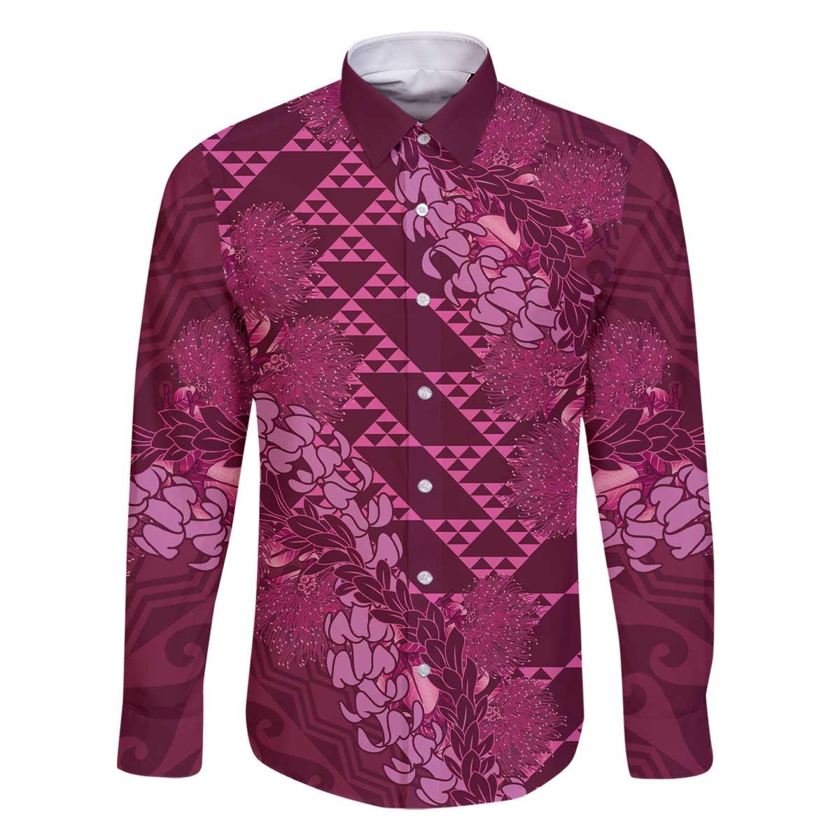 Pink Aloha Hawaii Family Matching Off The Shoulder Long Sleeve Dress and Hawaiian Shirt Hawaiian Kakau Ohia Lehua Lei LT14 Dad's Shirt - Long Sleeve Pink - Polynesian Pride